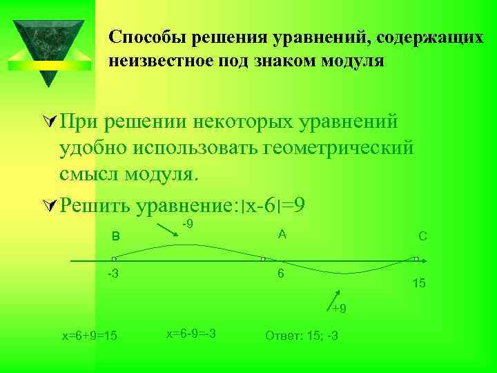Способы решения уравнений, содержащих неизвестное под знаком модуля Ú При решении некоторых уравнений удобно