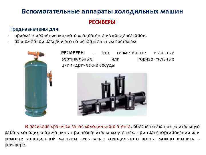 Вспомогательные аппараты холодильных машин Предназначены для: РЕСИВЕРЫ - приема и хранения жидкого хладоагента из