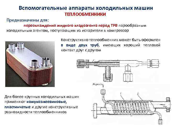 Вспомогательные аппараты холодильных машин Предназначены для: ТЕПЛООБМЕННИКИ переохлаждения жидкого хладоагента перед ТРВ парообразным холодильным