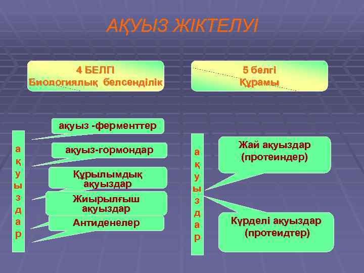 АҚУЫЗ ЖІКТЕЛУІ 4 БЕЛГІ Биологиялық белсенділік 5 белгі Құрамы ақуыз -ферменттер а қ у