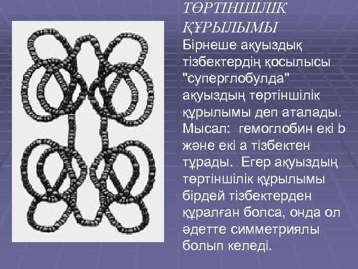 ТӨРТІНШІЛІК ҚҰРЫЛЫМЫ Бірнеше ақуыздық тізбектердің қосылысы "суперглобулда" ақуыздың төртіншілік құрылымы деп аталады. Мысал: гемоглобин