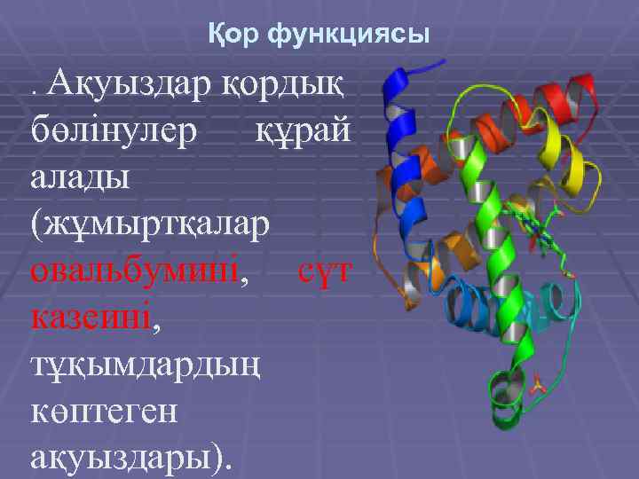 Қор функциясы. Ақуыздар қордық бөлінулер құрай алады (жұмыртқалар овальбумині, сүт казеині, тұқымдардың көптеген ақуыздары).