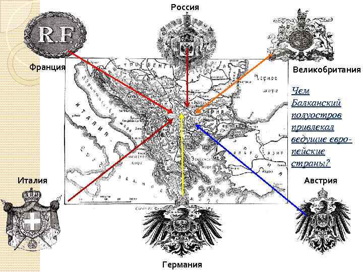 Россия Франция Великобритания Чем Балканский полуостров привлекал ведущие европейские страны? Италия Австрия Германия 