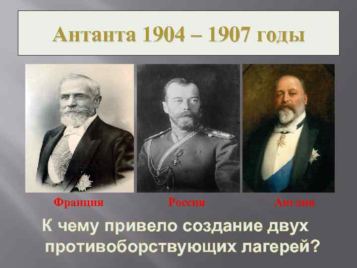 Антанта 1904 – 1907 годы Франция Россия Англия К чему привело создание двух противоборствующих