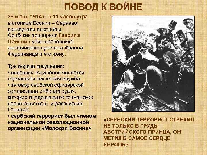 ПОВОД К ВОЙНЕ 28 июня 1914 г в 11 часов утра в столице Боснии