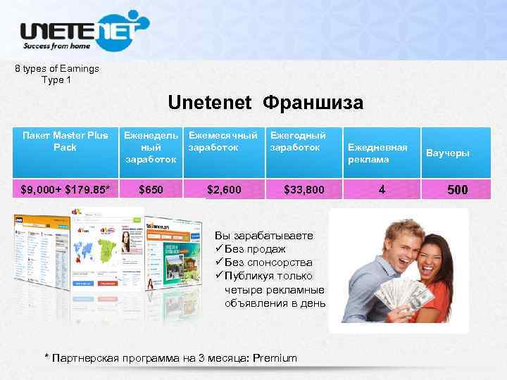 8 types of Earnings Type 1 Unetenet Франшиза Пакет Master Plus Pack Еженедель ный