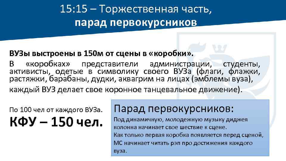 15: 15 – Торжественная часть, парад первокурсников ВУЗы выстроены в 150 м от сцены