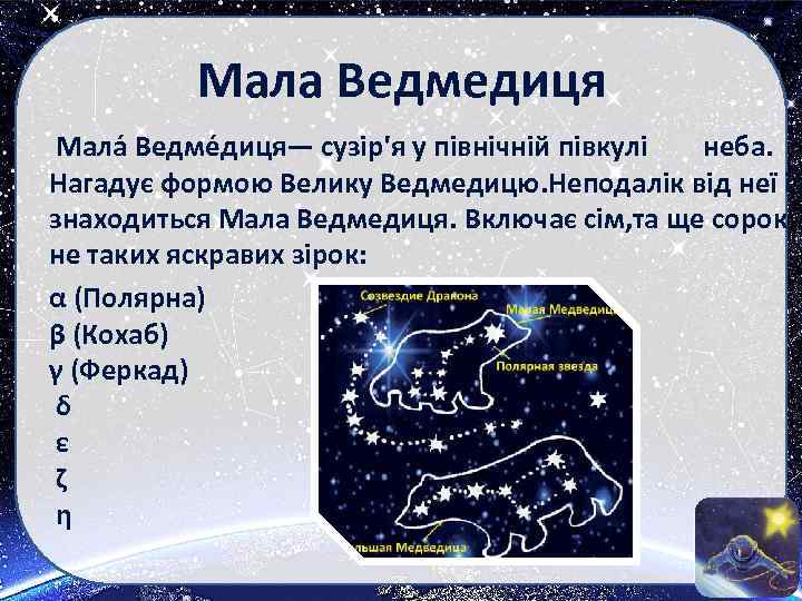 Мала Ведмедиця Мала Ведме диця— сузір'я у північній півкулі неба. Hагадує формою Велику Ведмедицю.