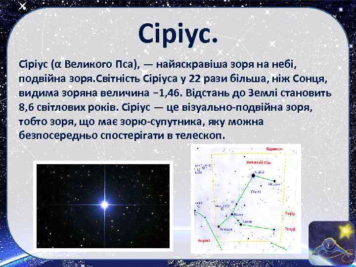 Сіріус. Сі ріус (α Великого Пса), — найяскравіша зоря на небі, подвійна зоря. Світність