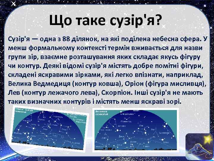 Що таке сузір'я? Сузір'я — одна з 88 ділянок, на які поділена небесна сфера.