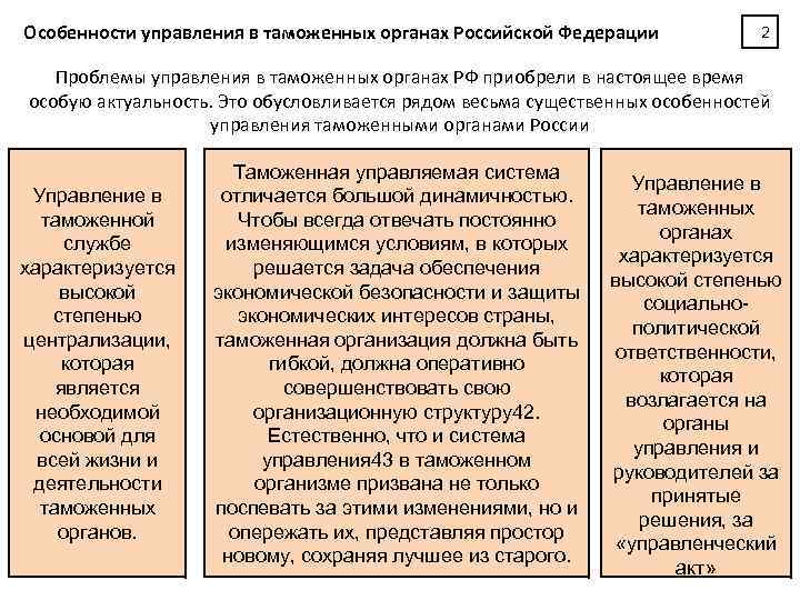 Особенности управления в таможенных органах Российской Федерации 2 Проблемы управления в таможенных органах РФ