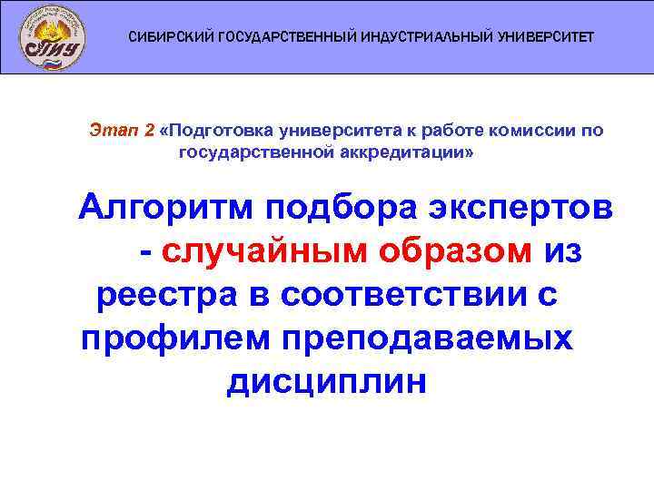 СИБИРСКИЙ ГОСУДАРСТВЕННЫЙ ИНДУСТРИАЛЬНЫЙ УНИВЕРСИТЕТ Этап 2 «Подготовка университета к работе комиссии по государственной аккредитации»