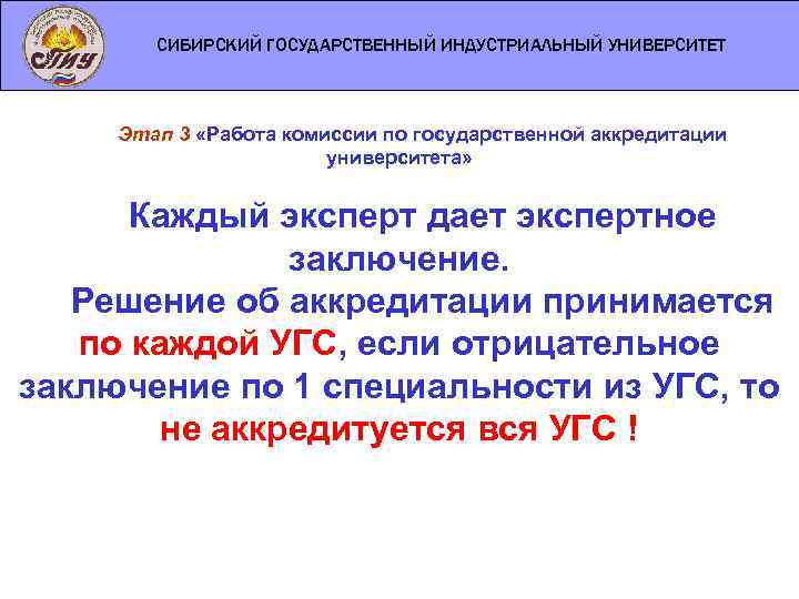 СИБИРСКИЙ ГОСУДАРСТВЕННЫЙ ИНДУСТРИАЛЬНЫЙ УНИВЕРСИТЕТ Этап 3 «Работа комиссии по государственной аккредитации университета» Каждый эксперт