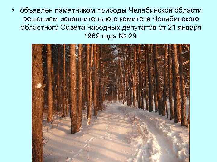  • объявлен памятником природы Челябинской области решением исполнительного комитета Челябинского областного Совета народных