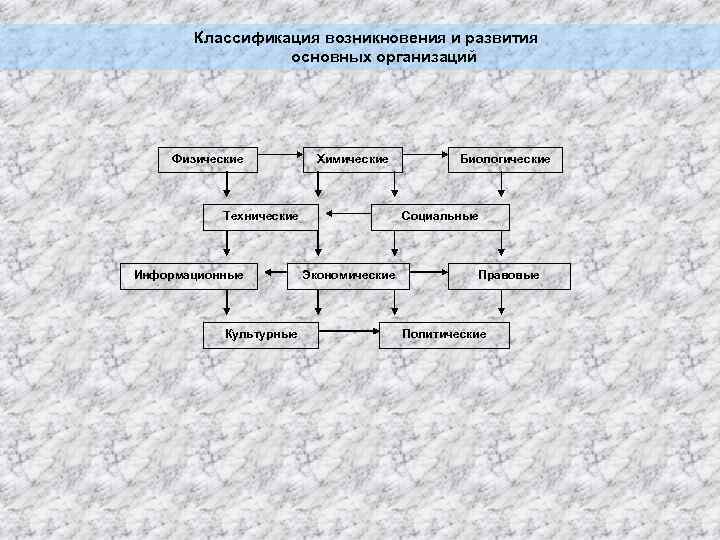 Классификация возникновения и развития основных организаций Физические Химические Технические Информационные Культурные Биологические Социальные Экономические