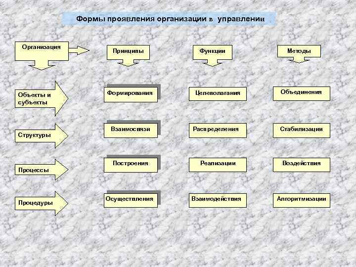 Формы проявления организации в управлении Организация Объекты и субъекты Структуры Принципы Формирования Взаимосвязи Функции