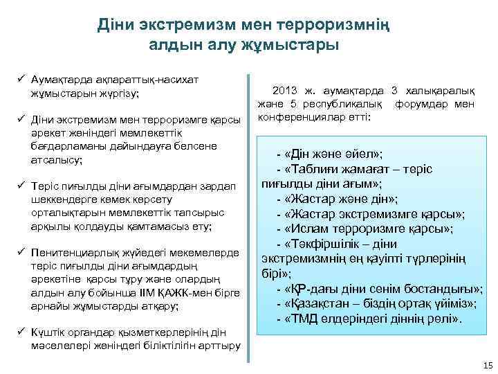 Діни экстремизм мен терроризмнің алдын алу жұмыстары ü Аумақтарда ақпараттық-насихат жұмыстарын жүргізу; ü Діни