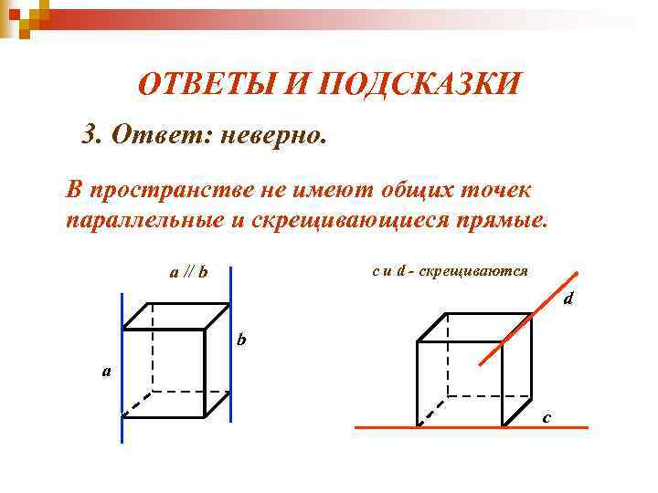 ОТВЕТЫ И ПОДСКАЗКИ 3. Ответ: неверно. В пространстве не имеют общих точек параллельные и