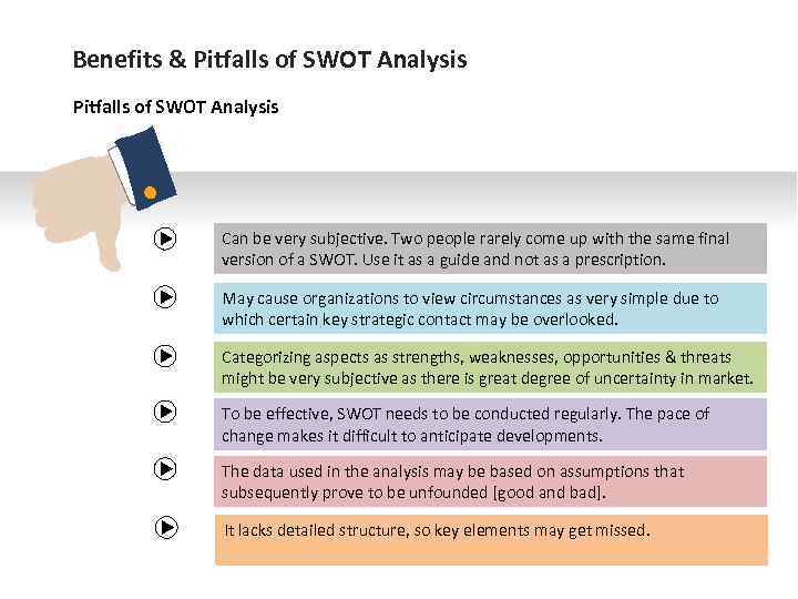 Benefits & Pitfalls of SWOT Analysis Can be very subjective. Two people rarely come