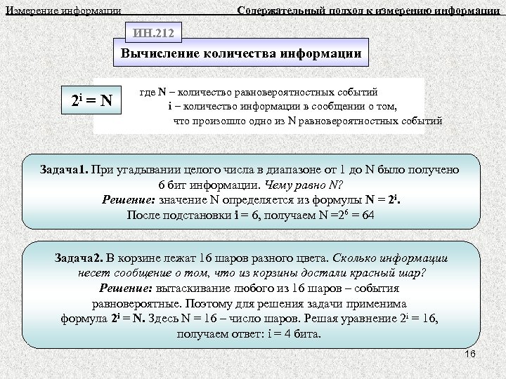 Измерение информации Содержательный подход к измерению информации ИН. 212 Вычисление количества информации 2 i