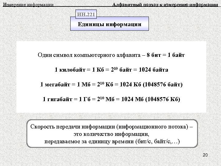 Измерение информации Алфавитный подход к измерению информации ИН. 221 Единицы информации Один символ компьютерного