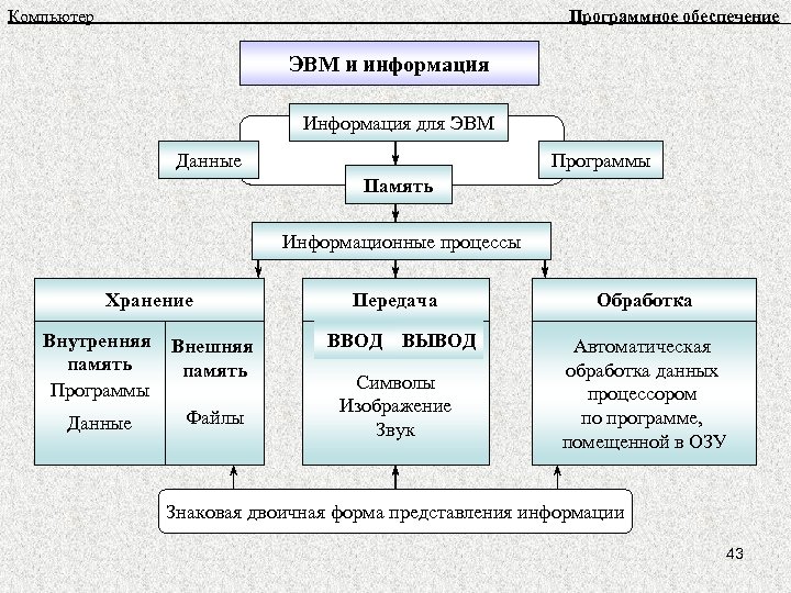 Компьютер Программное обеспечение ЭВМ и информация Информация для ЭВМ Программы Данные Память Информационные процессы