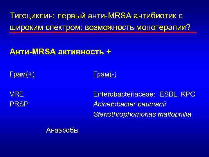 Тигециклин: первый анти-MRSA антибиотик с широким спектром: возможность монотерапии? Анти-MRSA активность + Грам(+) Грам(-)