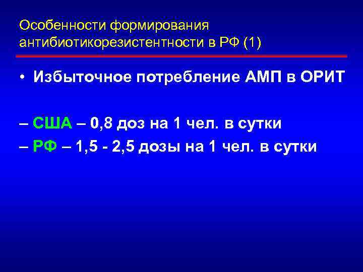 Особенности формирования антибиотикорезистентности в РФ (1) • Избыточное потребление АМП в ОРИТ – США