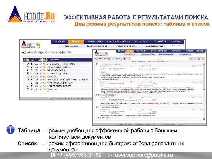 ЭФФЕКТИВНАЯ РАБОТА С РЕЗУЛЬТАТАМИ ПОИСКА Два режима результатов поиска: таблица и список Таблица –
