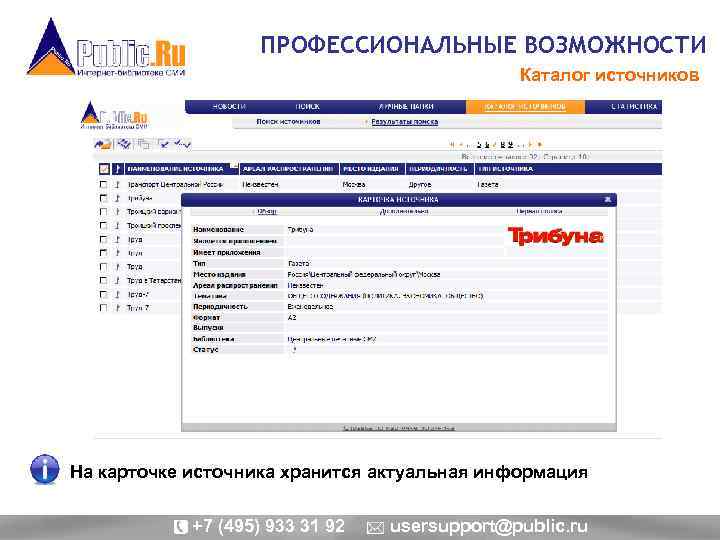 ПРОФЕССИОНАЛЬНЫЕ ВОЗМОЖНОСТИ Каталог источников На карточке источника хранится актуальная информация +7 (495) 933 31