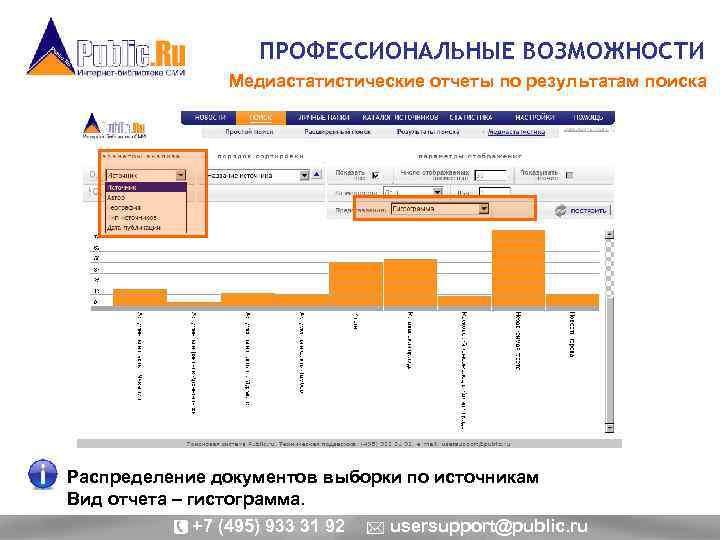 ПРОФЕССИОНАЛЬНЫЕ ВОЗМОЖНОСТИ Медиастатистические отчеты по результатам поиска Распределение документов выборки по источникам Вид отчета