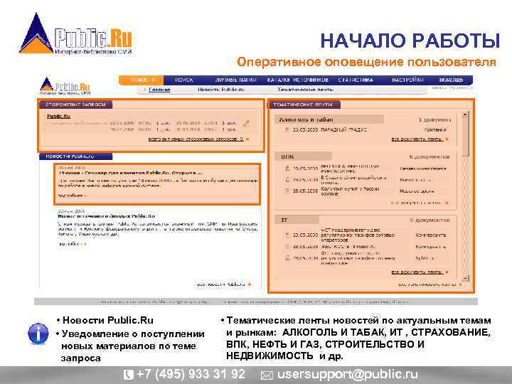 НАЧАЛО РАБОТЫ Оперативное оповещение пользователя • Новости Public. Ru • Уведомление о поступлении новых