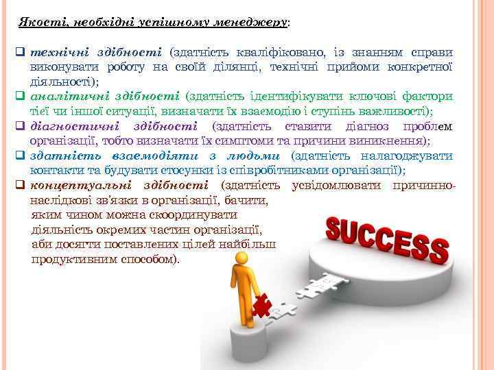 Якості, необхідні успішному менеджеру: q технічні здібності (здатність кваліфіковано, із знанням справи виконувати роботу