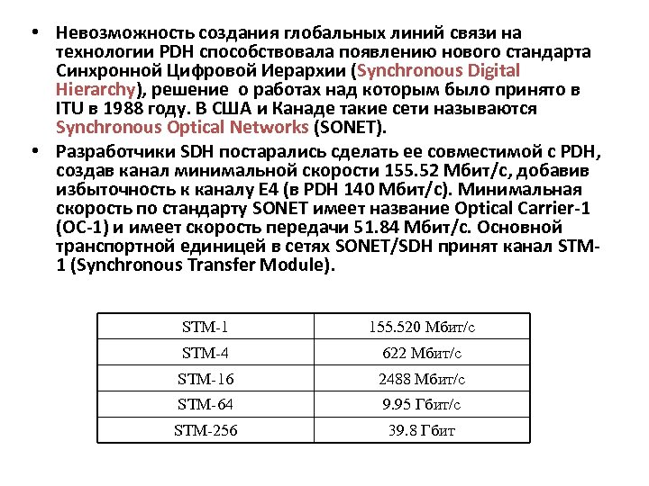  • Невозможность создания глобальных линий связи на технологии PDH способствовала появлению нового стандарта