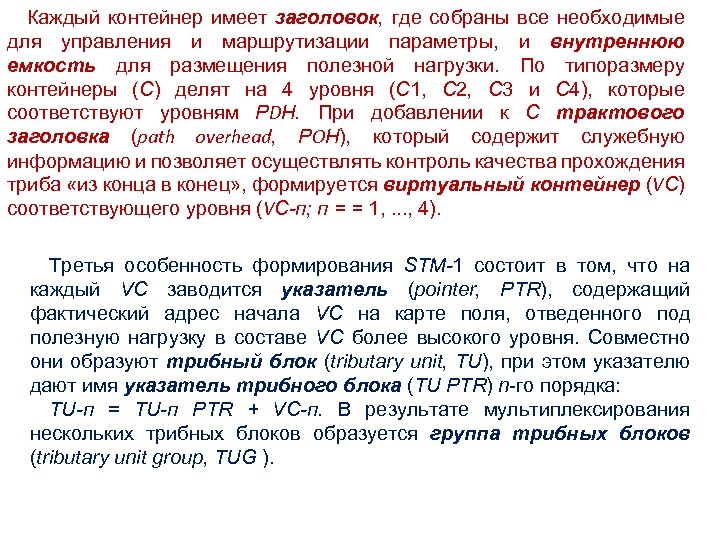 Каждый контейнер имеет заголовок, где собраны все необходимые для управления и маршрутизации параметры, и