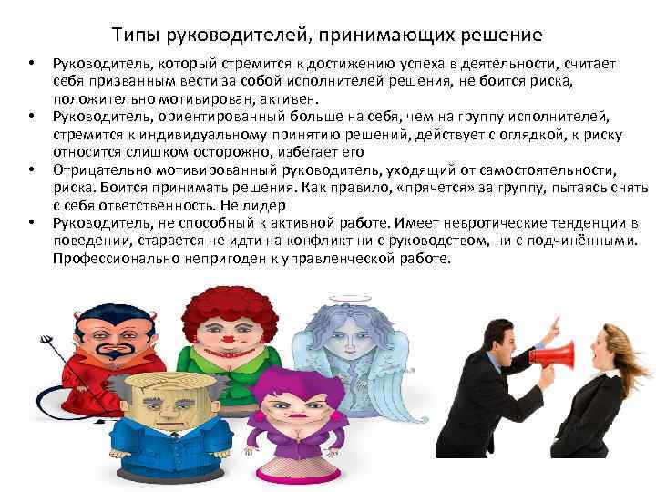 Типы руководителей, принимающих решение • • Руководитель, который стремится к достижению успеха в деятельности,