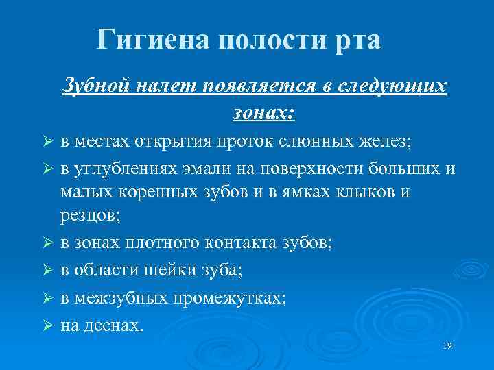 Гигиена полости рта Зубной налет появляется в следующих зонах: в местах открытия проток слюнных