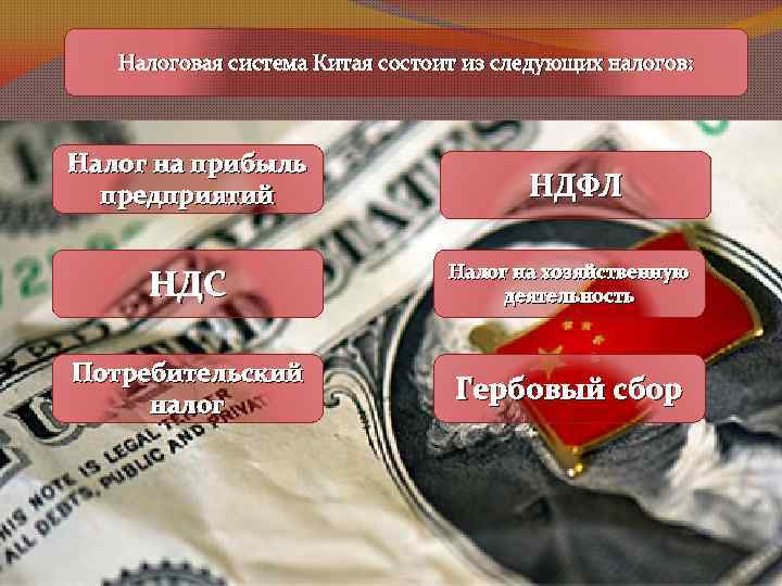 Налоговая система Китая состоит из следующих налогов: Налог на прибыль предприятий НДФЛ НДС Налог