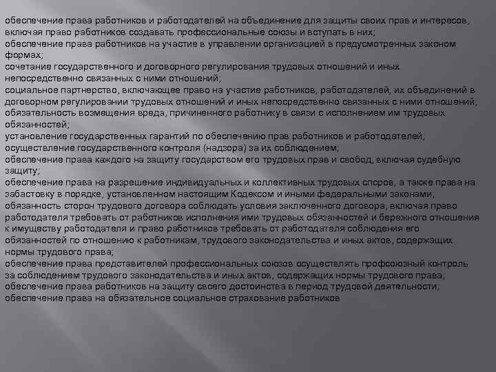 обеспечение права работников и работодателей на объединение для защиты своих прав и интересов, включая