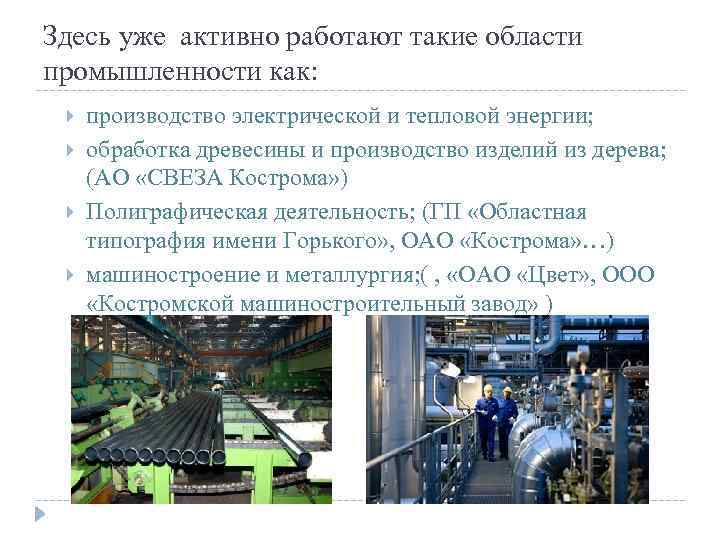 Здесь уже активно работают такие области промышленности как: производство электрической и тепловой энергии; обработка