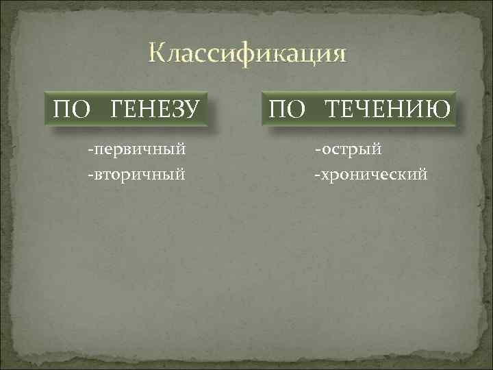 Классификация ПО ГЕНЕЗУ ПО ТЕЧЕНИЮ -первичный -острый -вторичный -хронический 
