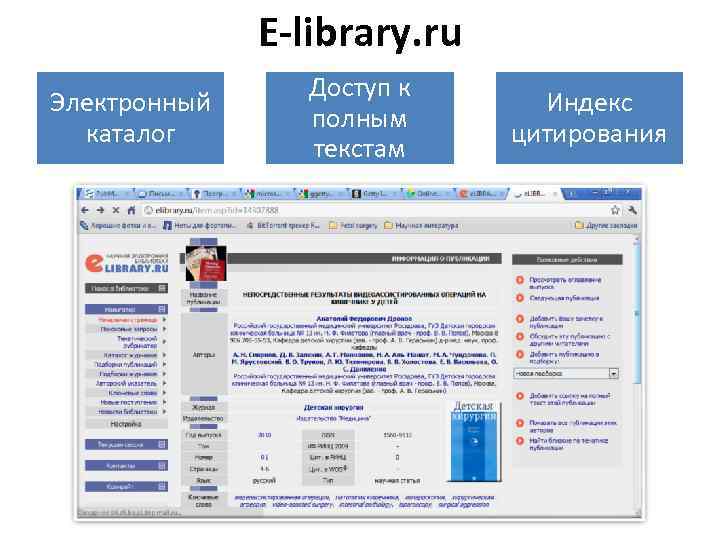 E-library. ru Электронный каталог Доступ к полным текстам Индекс цитирования 