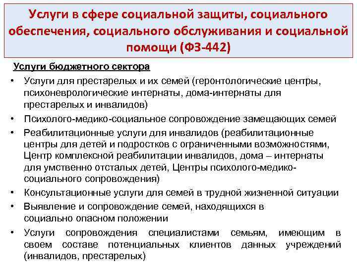 Услуги в сфере социальной защиты, социального обеспечения, социального обслуживания и социальной помощи (ФЗ-442) Услуги