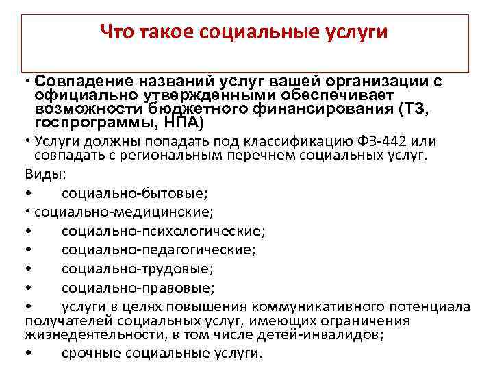 Что такое социальные услуги Совпадение названий услуг вашей организации с официально утвержденными обеспечивает возможности