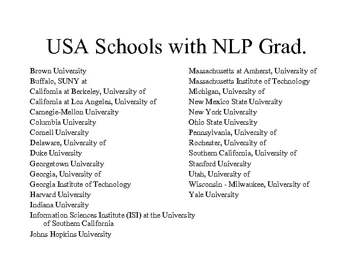 USA Schools with NLP Grad. Brown University Massachusetts at Amherst, University of Buffalo, SUNY