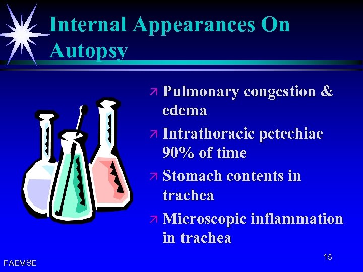 Internal Appearances On Autopsy ä Pulmonary congestion & edema ä Intrathoracic petechiae 90% of