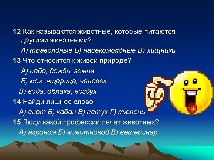 12 Как называются животные, которые питаются другими животными? А) травоядные Б) насекомоядные В) хищники