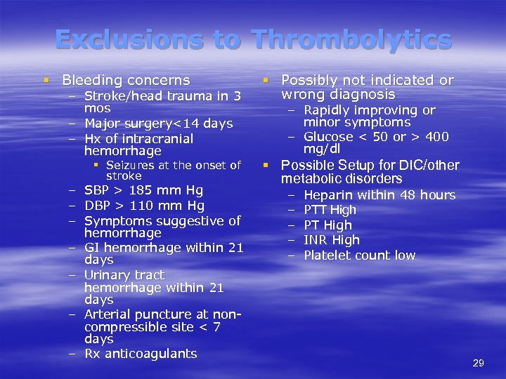 Exclusions to Thrombolytics § Bleeding concerns – Stroke/head trauma in 3 mos – Major