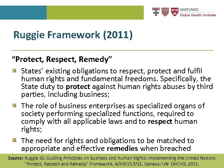Ruggie Framework (2011) “Protect, Respect, Remedy” States’ existing obligations to respect, protect and fulfil