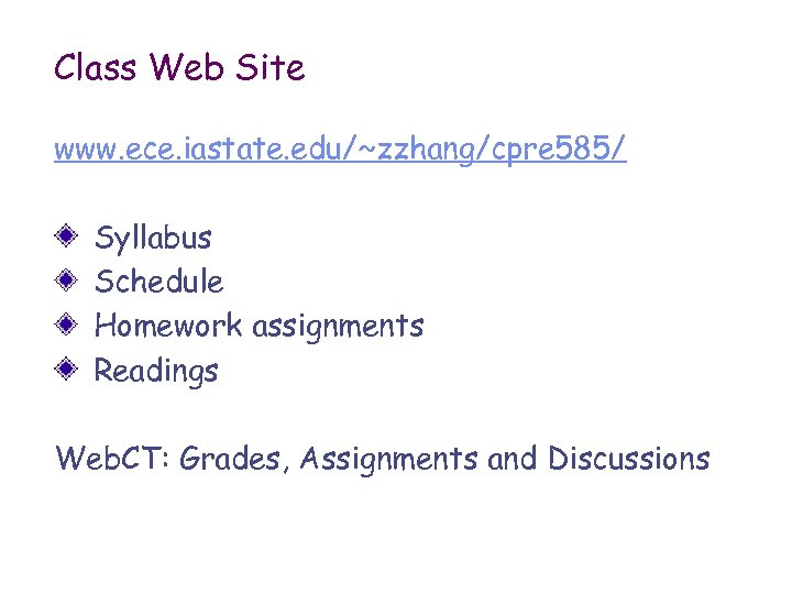 Class Web Site www. ece. iastate. edu/~zzhang/cpre 585/ Syllabus Schedule Homework assignments Readings Web.